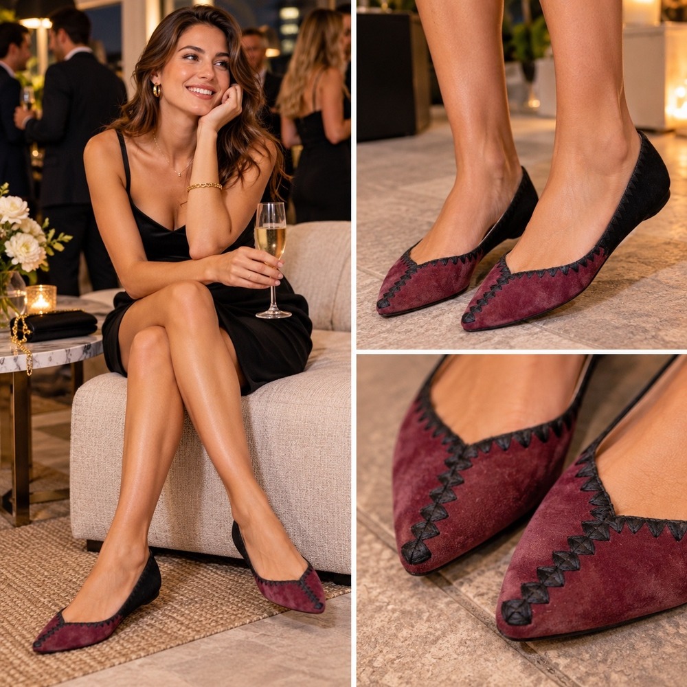Sigerson Morrison Burgundy Black Suede Pointed Toe Whipstitch Flats Size 8.5